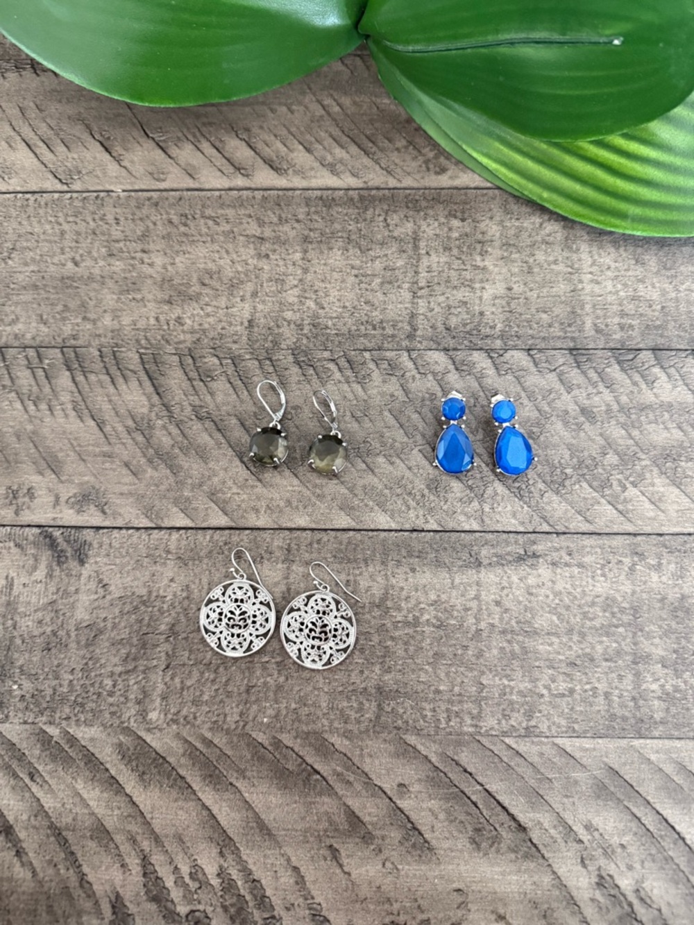 Set of 3 Dangle Earrings - Blue, Silver, and Smoky Gray